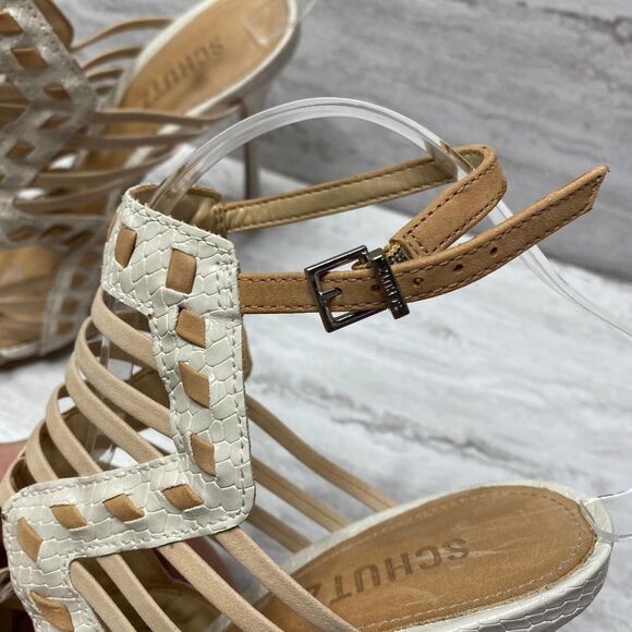 SCHUTZ Snake Print Caged High Heels Leather Sole White Tan Open Toe Ankle Strap - Picture 5 of 16